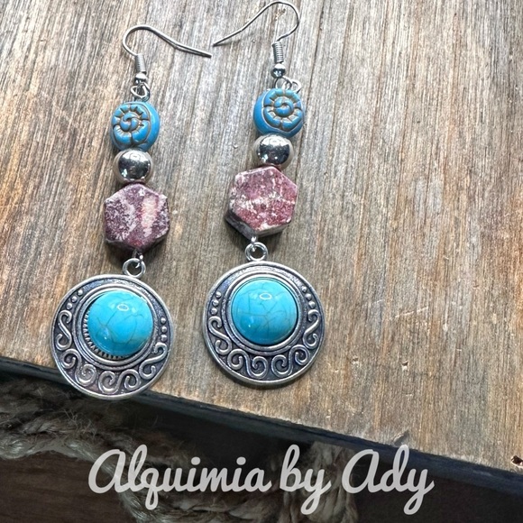 Turquoise and silver ocean jasper /bohemian/western statement dangle earrings - Picture 1 of 6